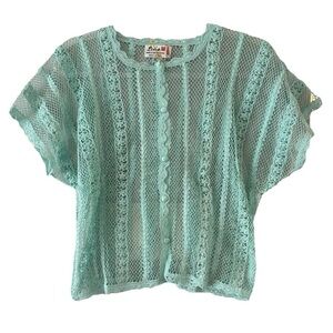 NWT Lim's vintage hand crochet lace mint green short sleeve button down top